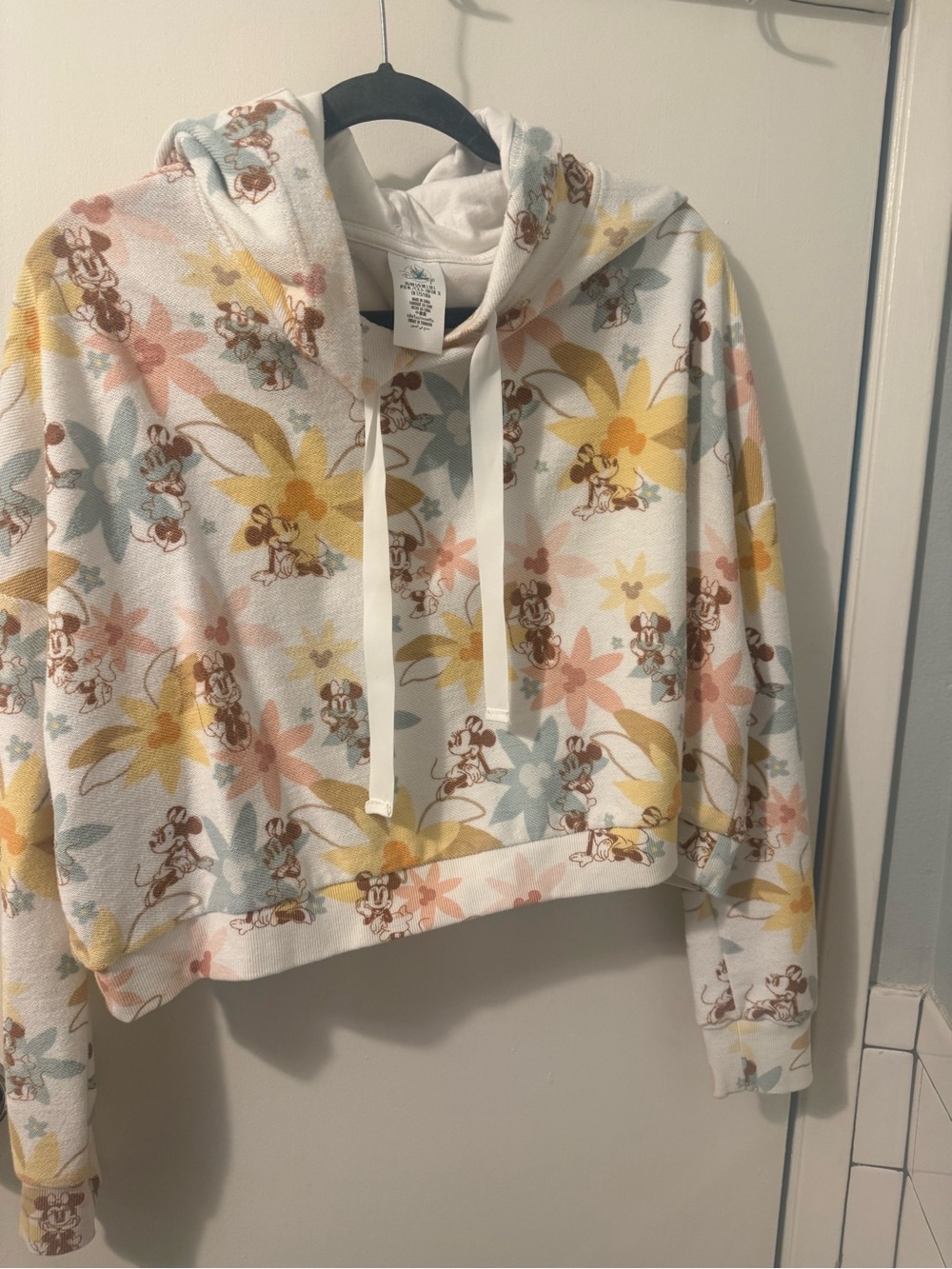 Women's Floral Disney Character Cropped Hoodie Sweater - White/Multi